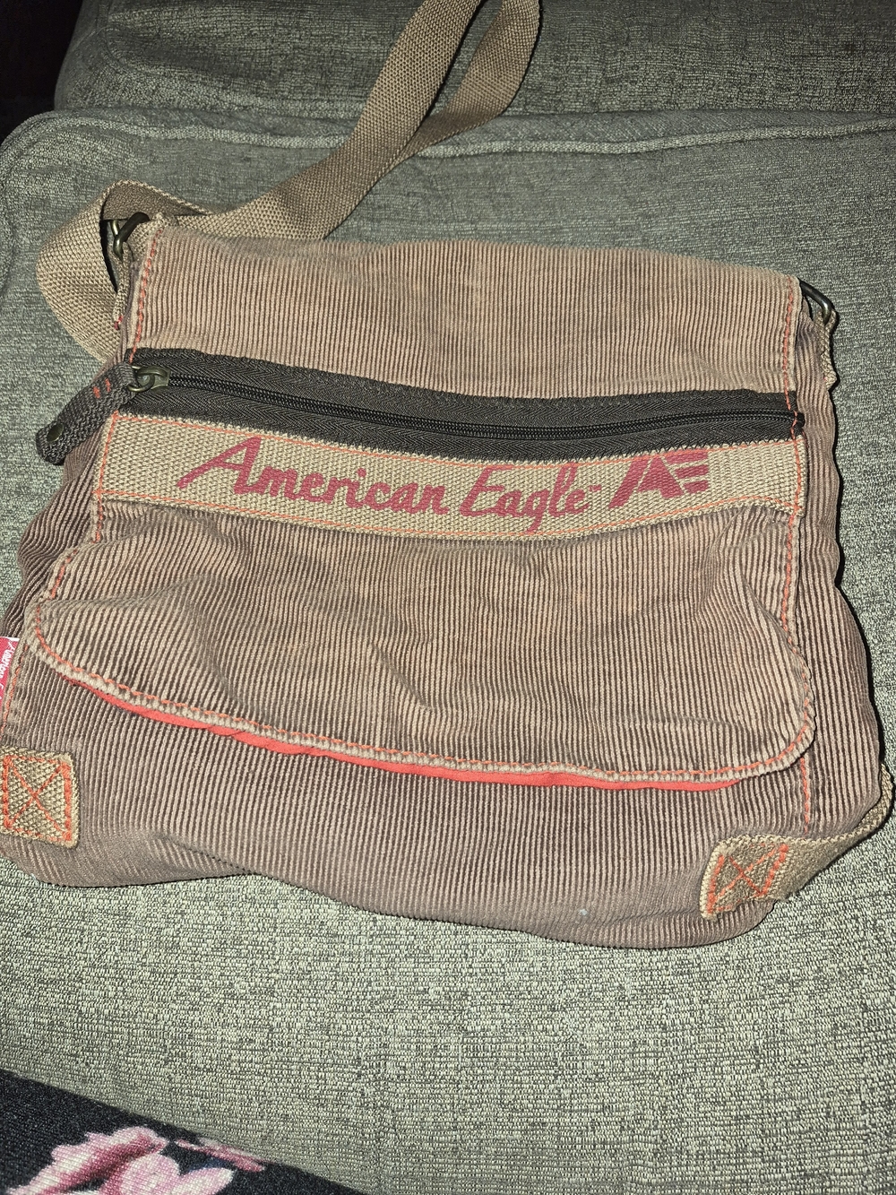 American Eagle Outfitters Brown Corduroy Messenger Bag with Red Accent